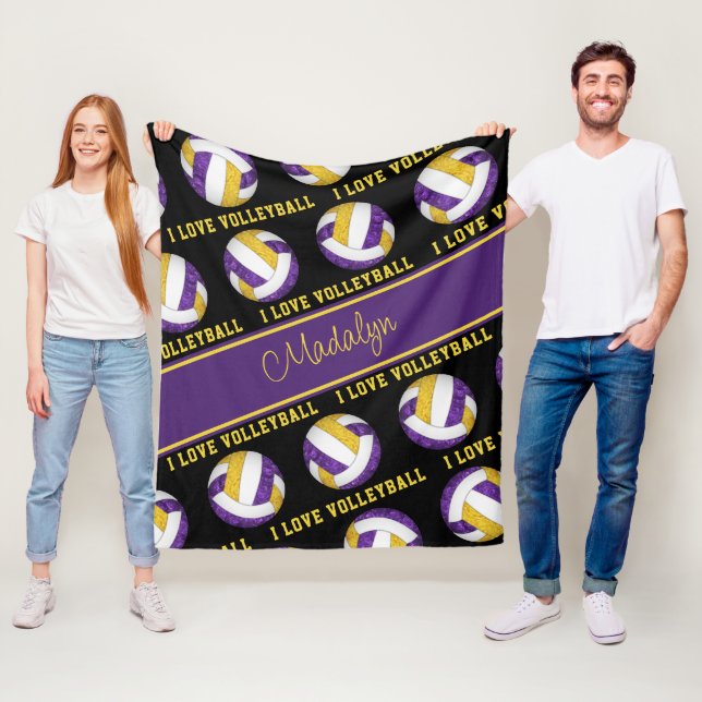 Couverture Polaire or violet J'aime volleyball girly personnalisée (En situation)