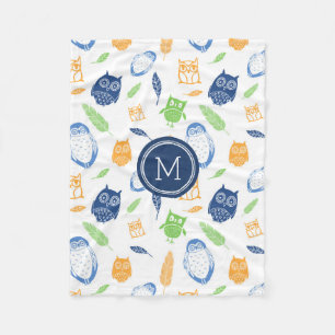 Couverture Polaire Orange Blue Owls Plumes Motif Monogram Blanket