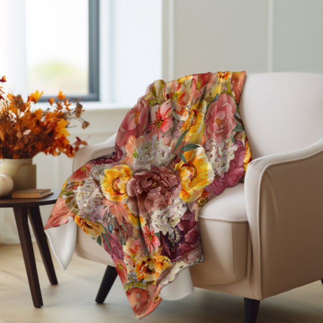 Couverture Polaire Orange Bourgogne automne Aquarelle automne Floral (Orange and rust autumn floral fleece blanket)