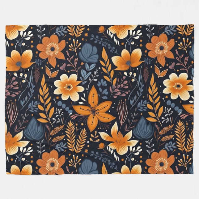 Couverture Polaire Orange Floral Boho Autumn Fall Black (Devant (Horizontal))