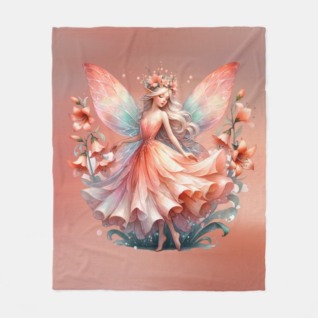Couverture Polaire Orange Rouge Floral Fée Princesse Filles (Devant)