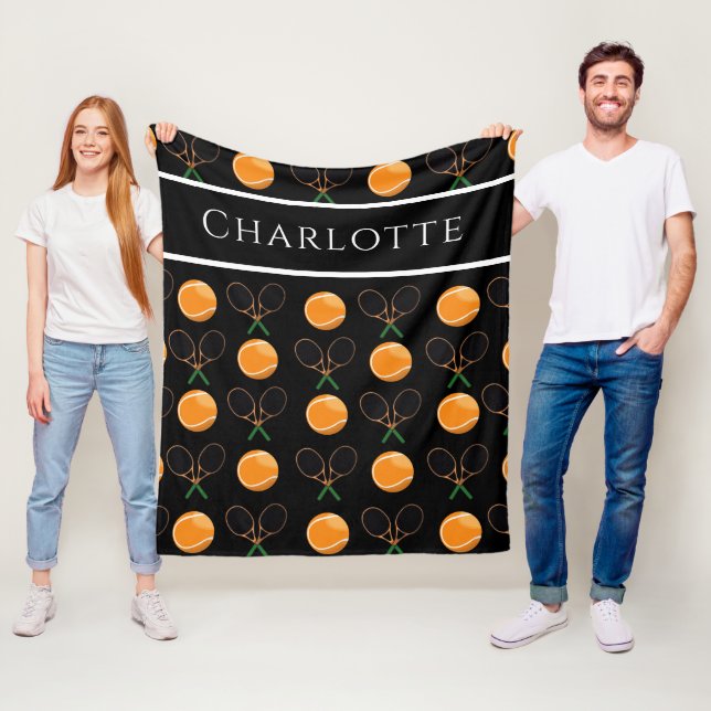 Couverture Polaire Orange Tennis Balls & Ancien Style Raquettes Sport (En situation)