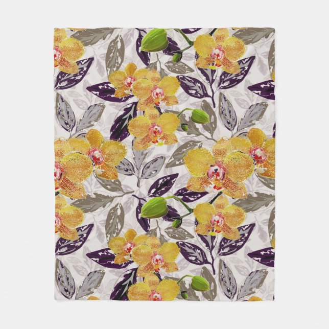 Couverture Polaire Orchidées jaunes oranges. (Devant)