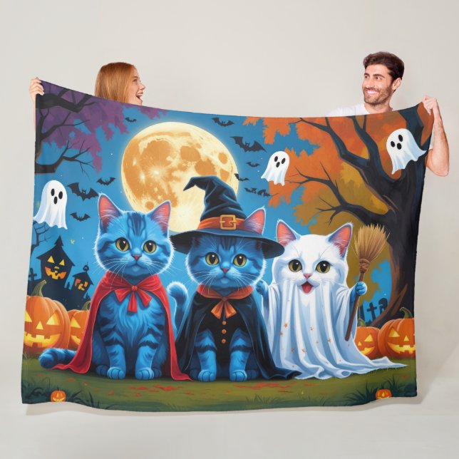 Couverture Polaire Oriental Blue Cats Citrouille Halloween Drôle (En situation)
