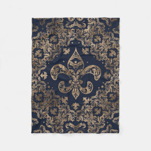 Couverture Polaire Ornement de luxe Fleur de lis - or et bleu foncé