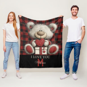 Couverture Polaire Ours à carreaux rouges Je t'aime Nom personnalisé