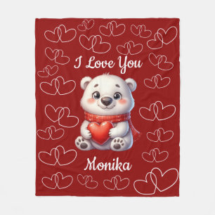 Couverture Polaire Ours blanc et rouge Je t'aime Nom personnalisé