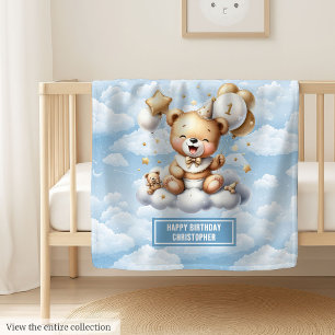 Couverture Polaire Ours en peluche bleu or avec numéro 1 Anniversaire