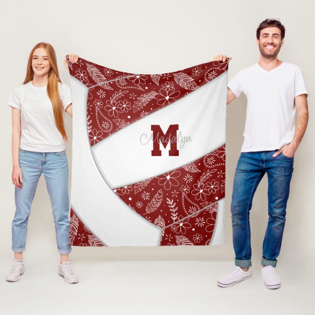 Couverture Polaire paisley doodle motif maroon de volley-ball blanc (En situation)