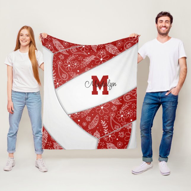 Couverture Polaire paislies plumes fleurs motif volleyball rouge (En situation)