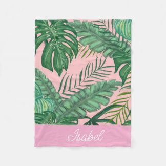 Couverture Polaire Palme Tropicale rose mignonne Feuilles Nom Bébé