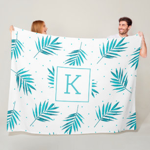 Couverture Polaire Palmier tropical feuille motif blanc et bleu-vert