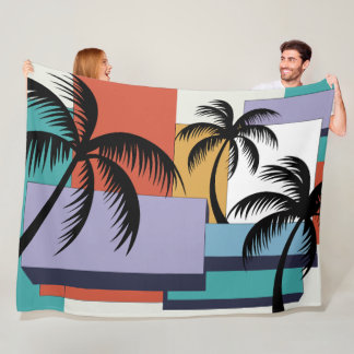 Couverture Polaire Palmier tropical sur fond géométrique de coucher d