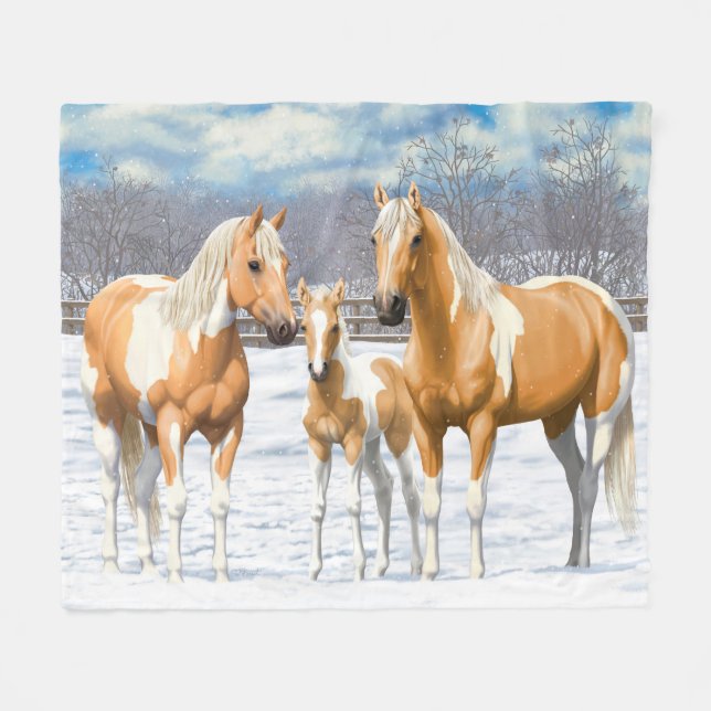 Couverture Polaire Palomino Pinto Peinture Quarter Chevaux En Neige (Devant (Horizontal))