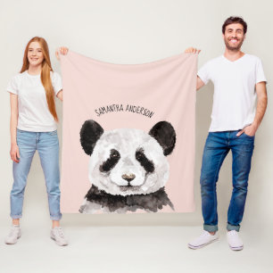 Couverture Polaire Panda Aquarelle Moderne Avec Nom Et Pastel Rose
