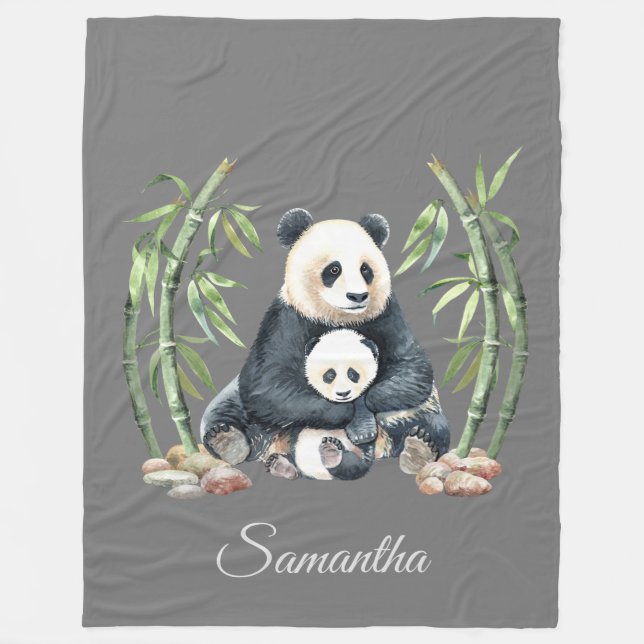 Couverture Polaire Panda Mama et bébé gris personnalisé (Devant)
