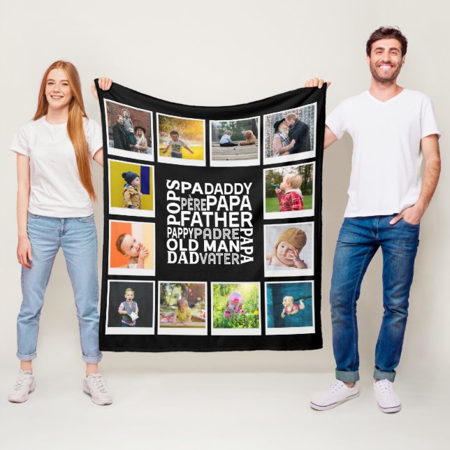 Couverture Polaire Papa Pops Père Vieux Homme Photo Collage Chic Noir (En situation)