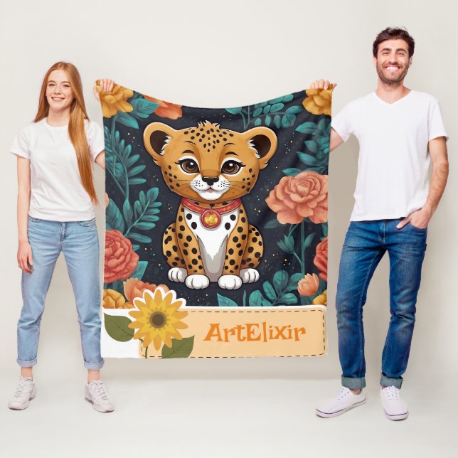 Couverture Polaire Papier bleu fleuri Cheetah (En situation)