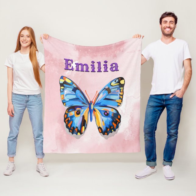 Couverture Polaire Papillon bleu rose personnalisé Preppy personnalis (En situation)