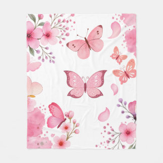 Couverture Polaire Papillon floral de jardin à l'aquarelle rose