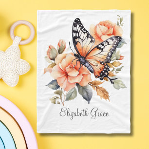 Couverture Polaire Papillon Floral Pêche Monogrammé Bébé Filles Bébé