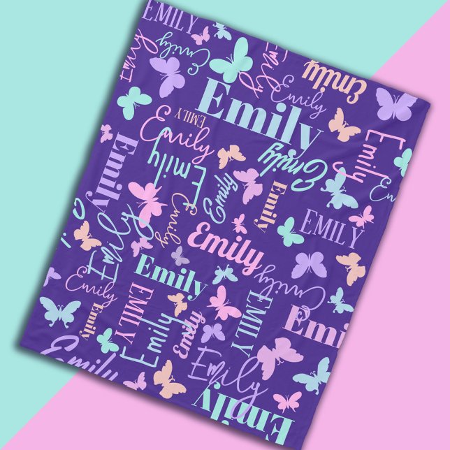 Couverture Polaire Papillons arc-en-ciel nom personnalisé bleu rose v (Créateur téléchargé)