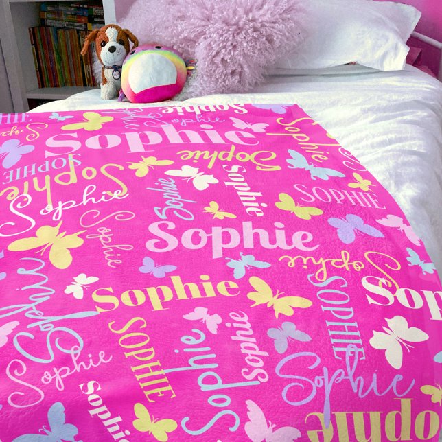 Couverture Polaire Papillons arc-en-ciel nom personnalisé Sophie rose (Créateur téléchargé)