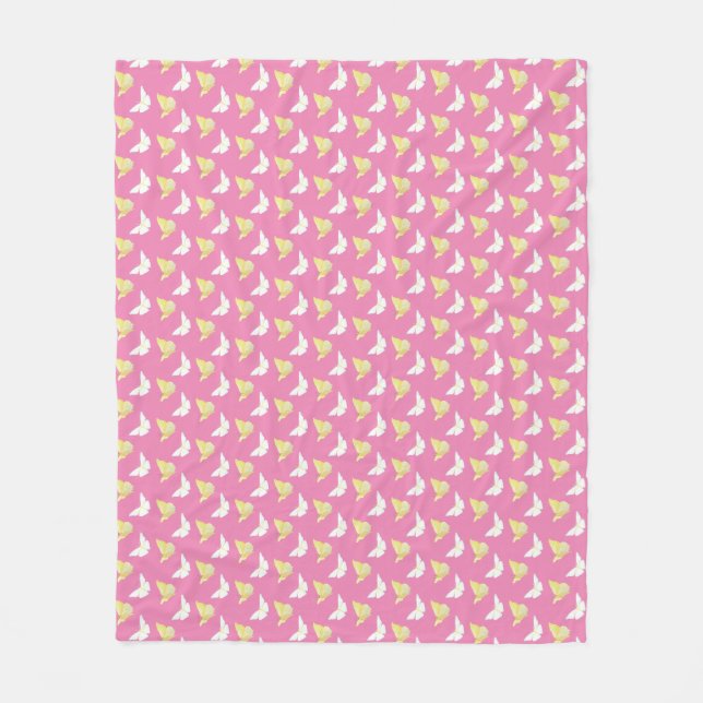 Couverture Polaire Papillons blancs et jaunes clairs volant rose (Devant)