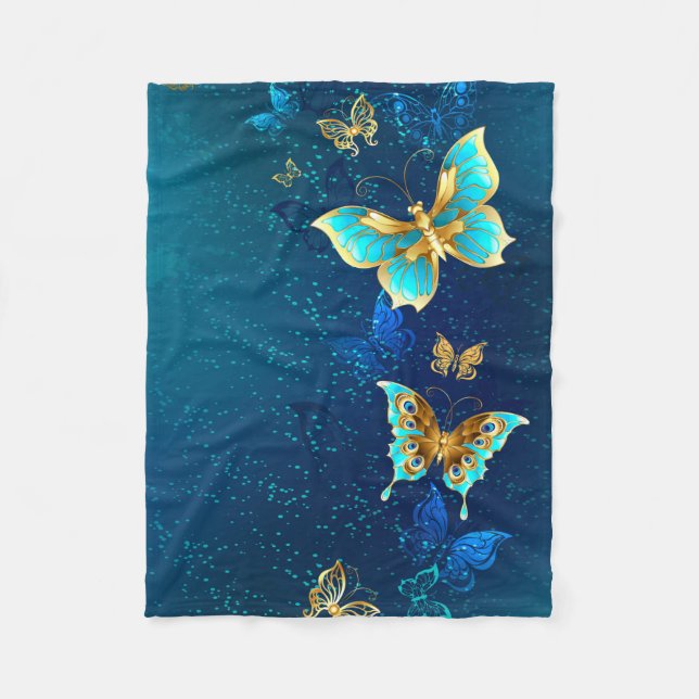 Couverture Polaire Papillons d'or sur un Arrière - plan bleu (Devant)