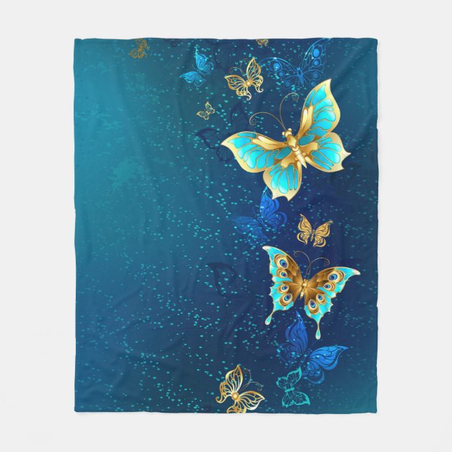 Couverture Polaire Papillons d'or sur un Arrière - plan bleu (Devant)