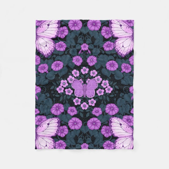 Couverture Polaire Papillons et symétrie des fleurs, violet et bleu (Devant)