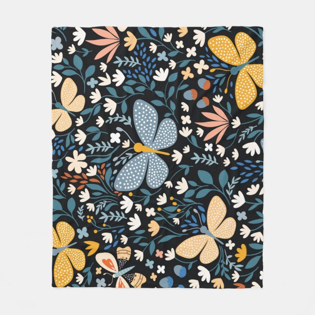 Couverture Polaire Papillons Floral : Main Tirée Sans Couture. (Devant)