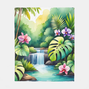 Couverture Polaire Paradis tropical de la jungle à cascade et orchidé