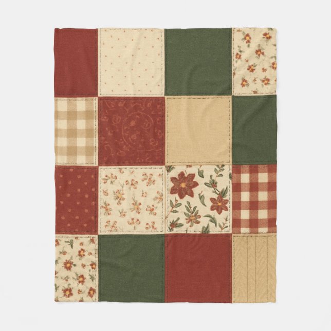 Couverture Polaire Parcelle rouge vert Patchwork Rustique Ferme Flora (Devant)