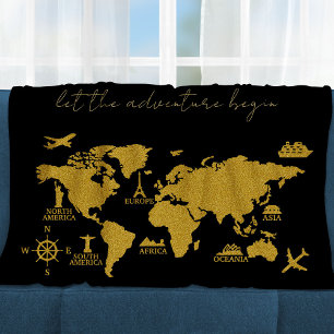 Couverture Polaire Parties scintillant d'or Carte du monde sur Black