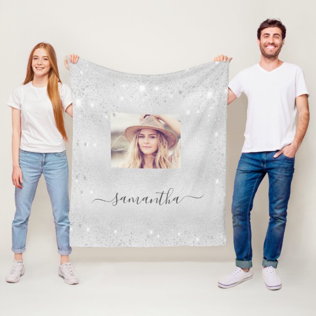 Couverture Polaire Parties scintillant en argent nom photo personnali (En situation)