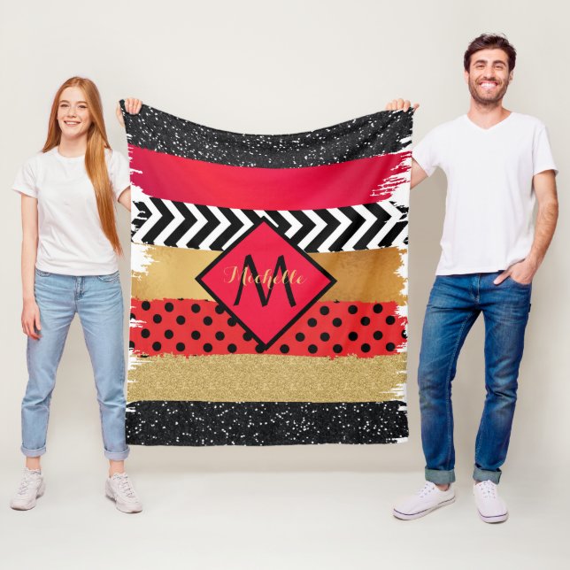Couverture Polaire Parties scintillant rouge Noir Brush Stroke Monogr (En situation)