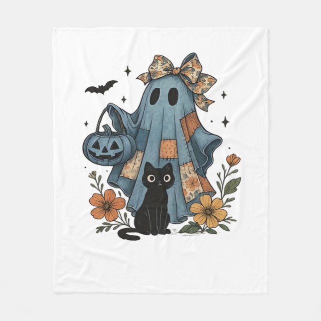 Couverture Polaire Patchwork Halloween Ghost noir Chat Essential T-Sh (Devant)