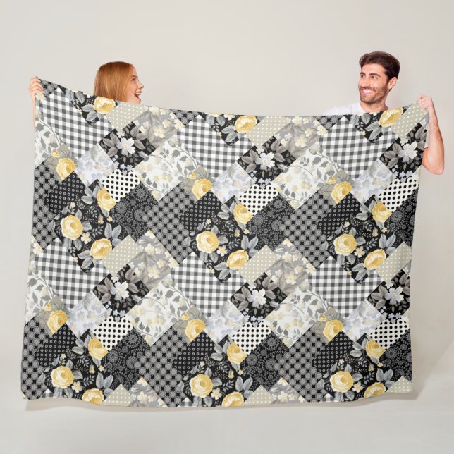 Couverture Polaire Patchwork Motif avec rayures et roses jaunes (En situation)