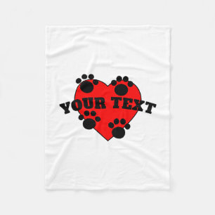 Couverture Polaire Pattes de chien et cœurs rouges Texte personnalisé