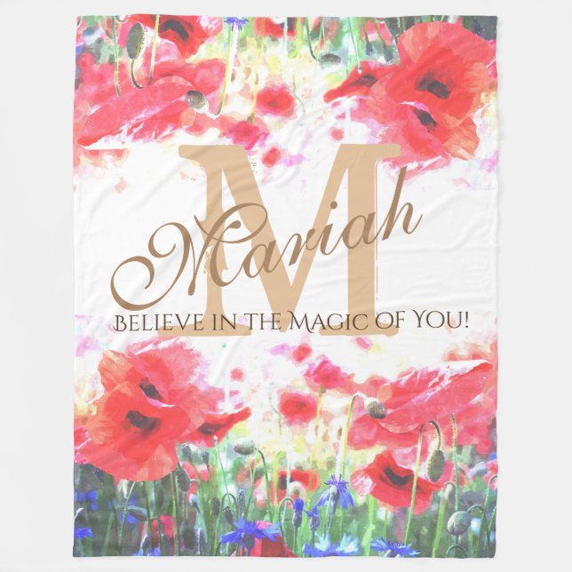 Couverture Polaire Pavot Monogramme Couleur d'aquarelle du champ (Devant)