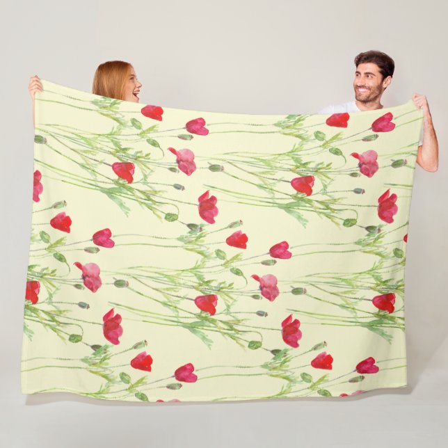 Couverture Polaire Pavot rouge prairie estivale, fleurs sauvages (En situation)