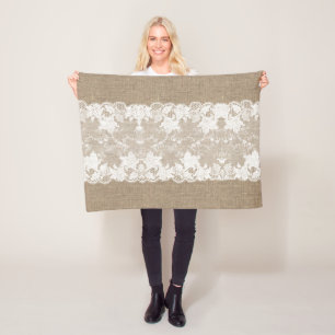 Couverture Polaire Pays rustique vintage burlap beige et dentelle bla