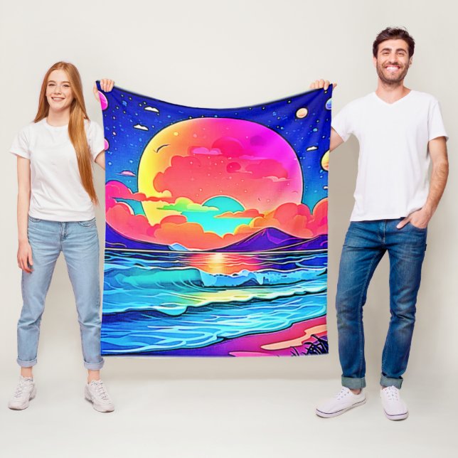Couverture Polaire Paysage Marin de Coucher de Soleil Vibrant (En situation)