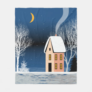 Couverture Polaire Paysage nocturne d'hiver. Maison cosy, divers arbr
