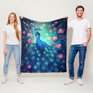 Couverture Polaire Peacock - Plumes d'Aqua Vert Bleu & Fleurs Roses