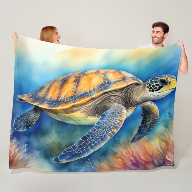 Couverture Polaire Peinture aquarelle Tortue de mer (En situation)