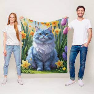 Couverture Polaire Peinture de fleurs de printemps au chat bleu orien