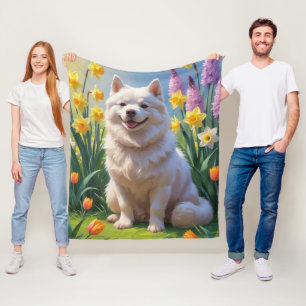Couverture Polaire Peinture de fleurs printanières de chien esquimau
