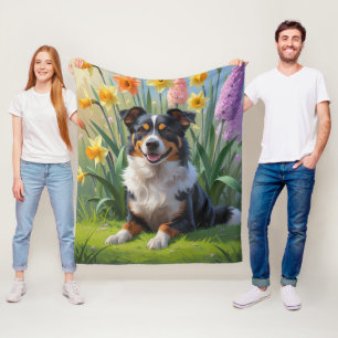 Couverture Polaire Peinture de fleurs printanières de chien Kelpie au
